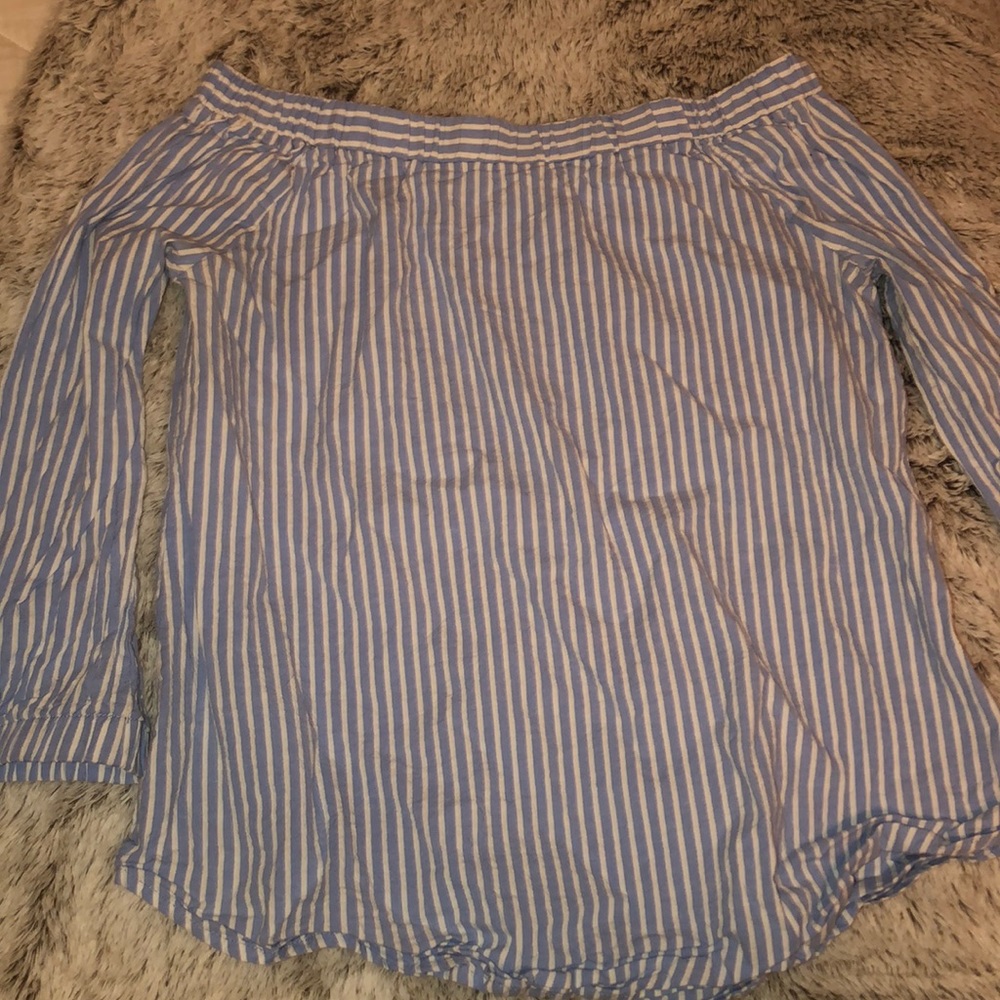 Baby blue striped off-the-shoulder shirt